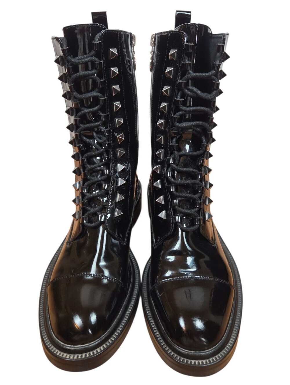 Whishbone Cara Moto Patent Leather Black Combat Boots Size 10 Biker Grunge Goth